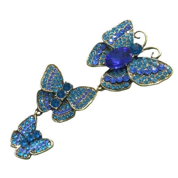 unbranded Jewelry - Large Triple Butterfly Brooch Blue & Green Rhinestone Gold Tone